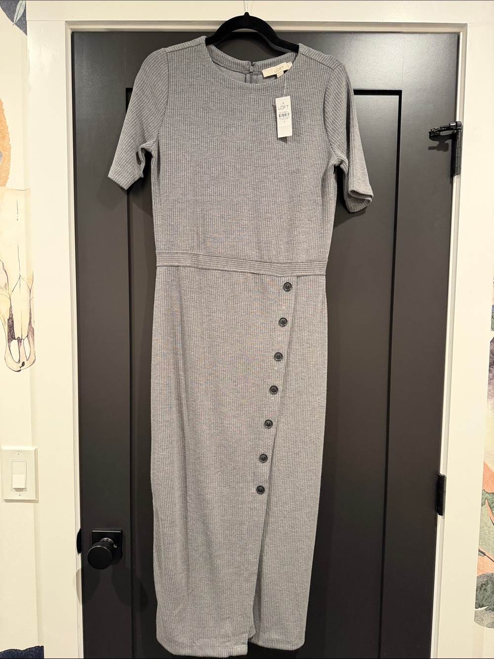LOFT Gray Ribbed Button-Front Maxi Dress